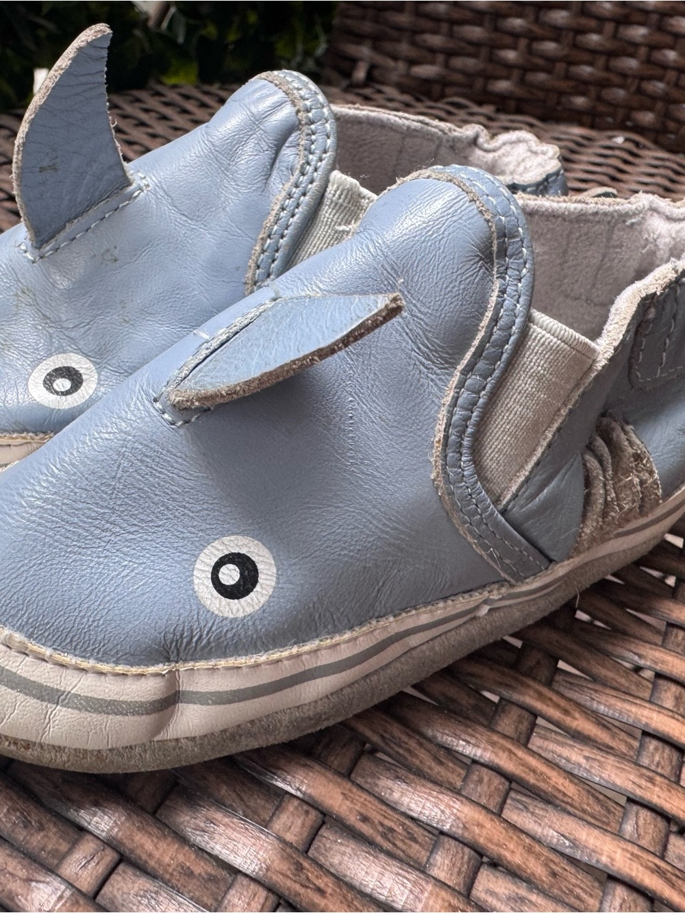 Robeez Light Blue Shark Slip-Ons for 12-18 months child. Leather booties